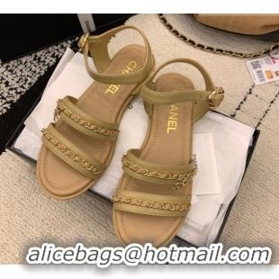 Durable Chanel Calfskin Leather Flat Sandals with Chain G46801 Beige 2026