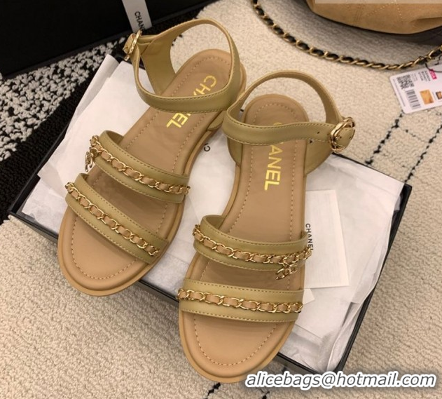 Durable Chanel Calfskin Leather Flat Sandals with Chain G46801 Beige 2026