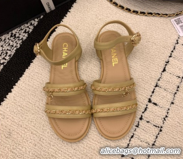 Durable Chanel Calfskin Leather Flat Sandals with Chain G46801 Beige 2026