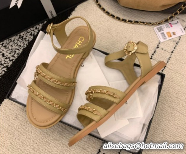 Durable Chanel Calfskin Leather Flat Sandals with Chain G46801 Beige 2026