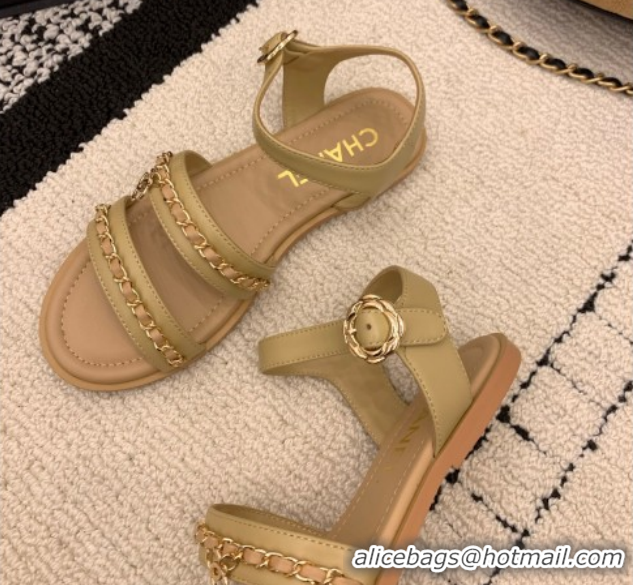 Durable Chanel Calfskin Leather Flat Sandals with Chain G46801 Beige 2026
