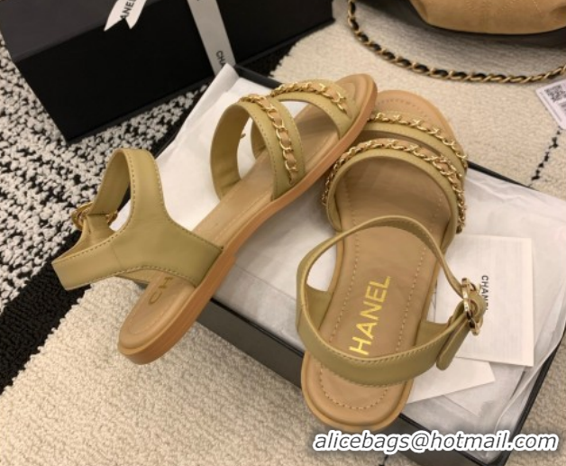 Durable Chanel Calfskin Leather Flat Sandals with Chain G46801 Beige 2026