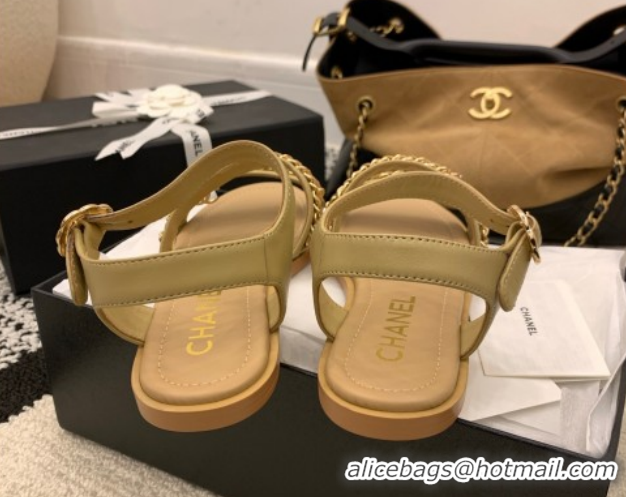 Durable Chanel Calfskin Leather Flat Sandals with Chain G46801 Beige 2026