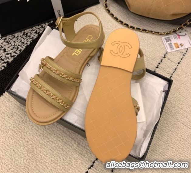 Durable Chanel Calfskin Leather Flat Sandals with Chain G46801 Beige 2026