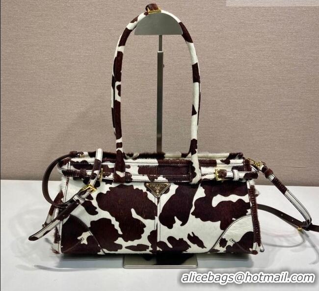 Buy Discount Prada Bonnie medium printed pony hair handbag 1BA426 White/Dark Brown 2026