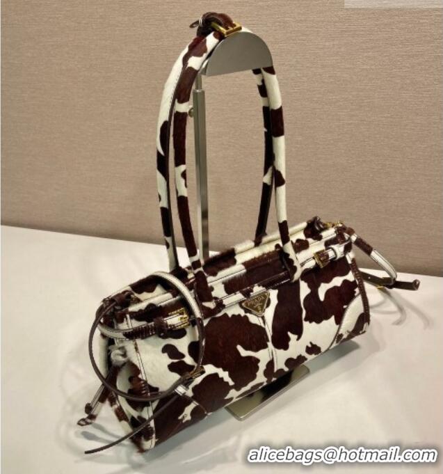 Buy Discount Prada Bonnie medium printed pony hair handbag 1BA426 White/Dark Brown 2026