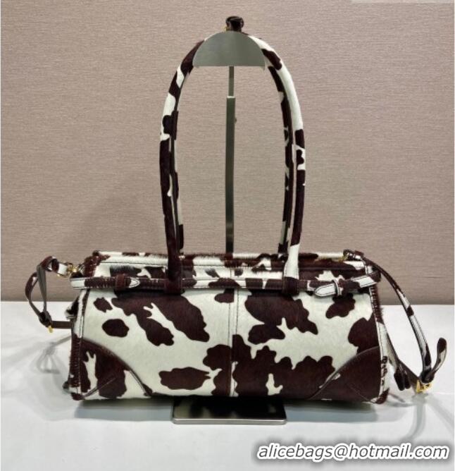 Buy Discount Prada Bonnie medium printed pony hair handbag 1BA426 White/Dark Brown 2026