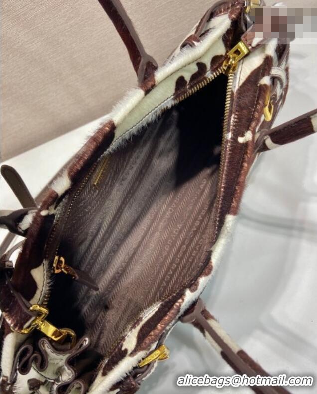 Buy Discount Prada Bonnie medium printed pony hair handbag 1BA426 White/Dark Brown 2026