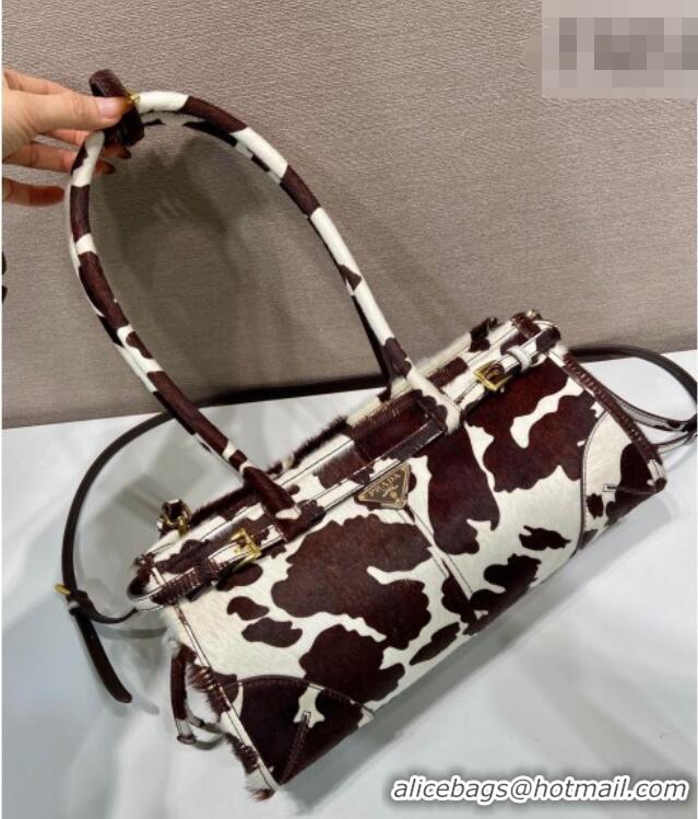 Buy Discount Prada Bonnie medium printed pony hair handbag 1BA426 White/Dark Brown 2026