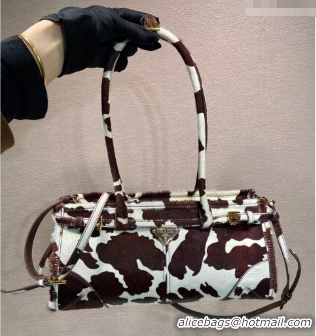Buy Discount Prada Bonnie medium printed pony hair handbag 1BA426 White/Dark Brown 2026