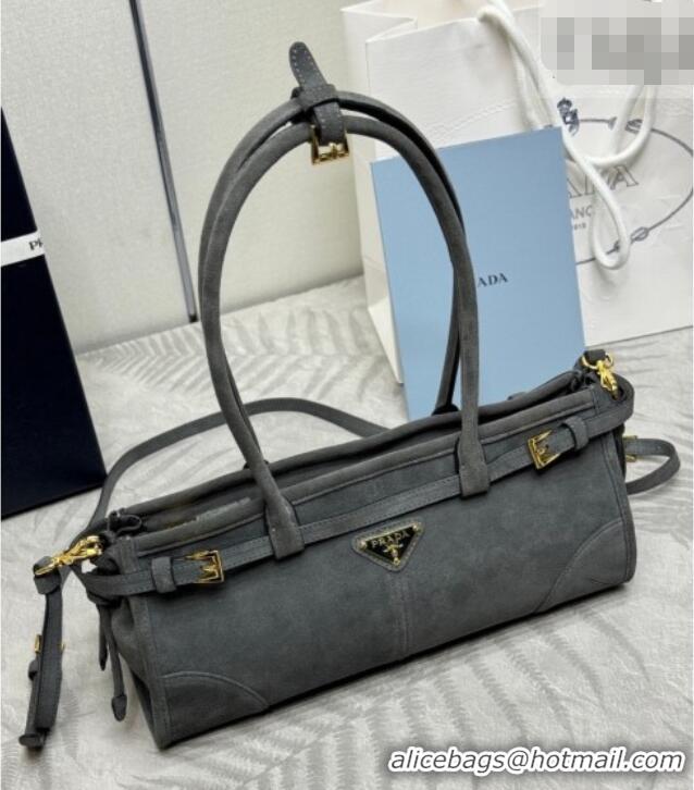Grade Discount Prada Bonnie Medium Suede handbag 1BA426 Dark Grey 2025