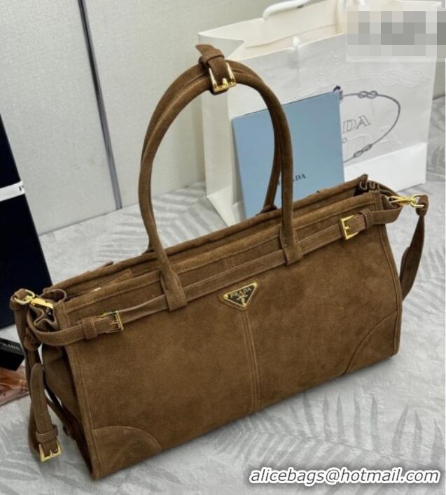 Best Quality Prada Bonnie large suede handbag 1BA433 Dark Brown 2025