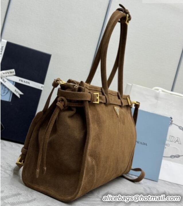 Best Quality Prada Bonnie large suede handbag 1BA433 Dark Brown 2025