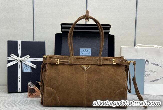 Best Quality Prada Bonnie large suede handbag 1BA433 Dark Brown 2025