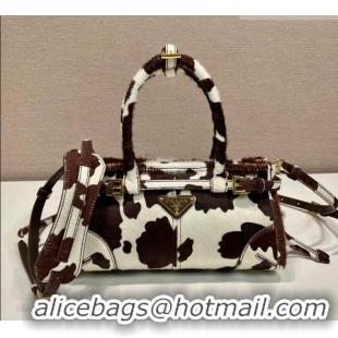 Best Price Prada Bonnie mini printed pony hair handbag 1BA486 White/Dark Brown 2026