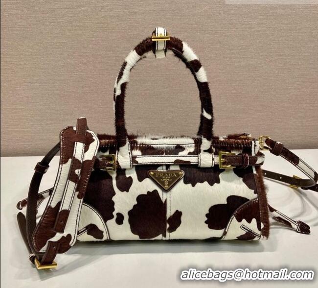 Best Price Prada Bonnie mini printed pony hair handbag 1BA486 White/Dark Brown 2026
