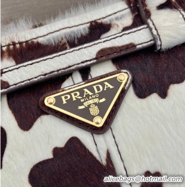 Best Price Prada Bonnie mini printed pony hair handbag 1BA486 White/Dark Brown 2026