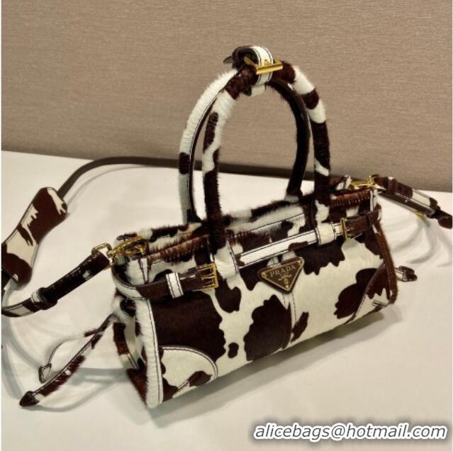 Best Price Prada Bonnie mini printed pony hair handbag 1BA486 White/Dark Brown 2026