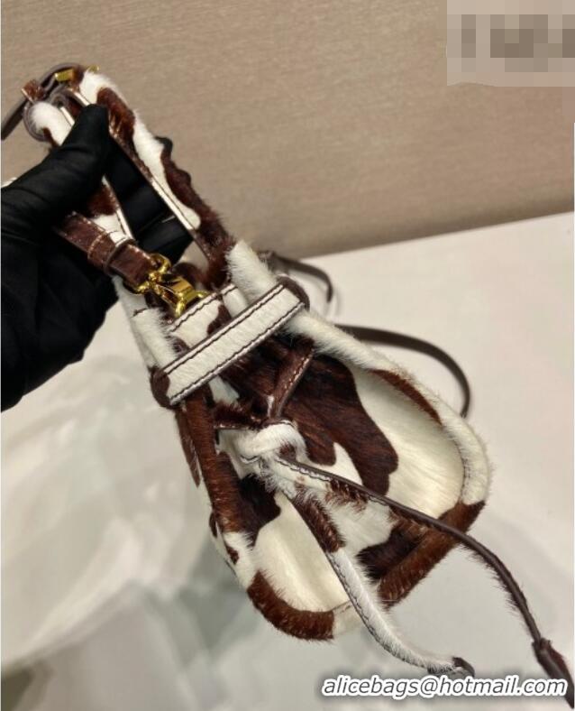 Best Price Prada Bonnie mini printed pony hair handbag 1BA486 White/Dark Brown 2026
