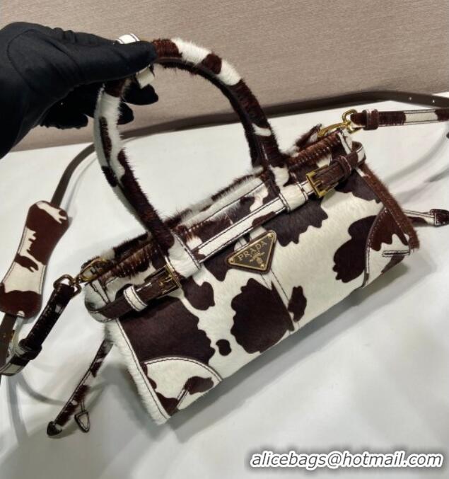 Best Price Prada Bonnie mini printed pony hair handbag 1BA486 White/Dark Brown 2026