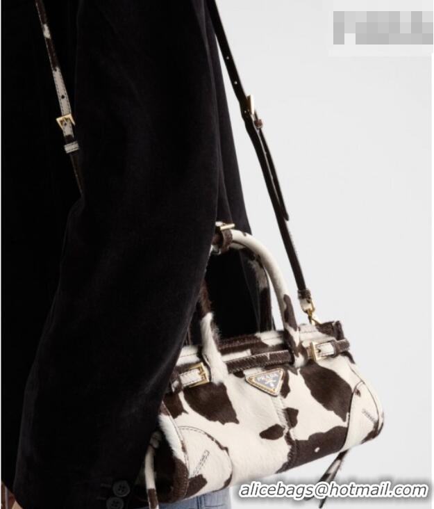 Best Price Prada Bonnie mini printed pony hair handbag 1BA486 White/Dark Brown 2026