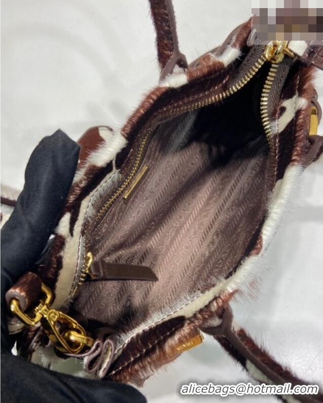 Best Price Prada Bonnie mini printed pony hair handbag 1BA486 White/Dark Brown 2026