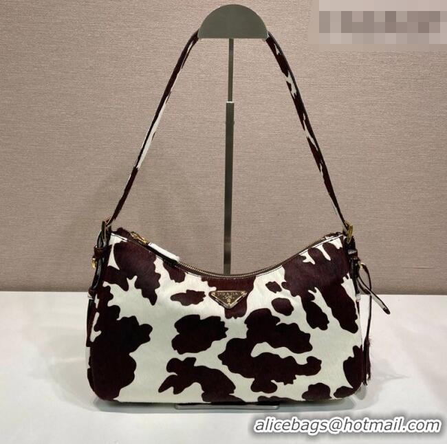 Good Taste Prada Aimee medium printed pony hair shoulder bag 1BC229 White/Dark Brown 2026