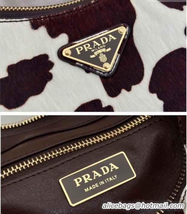 Good Taste Prada Aimee medium printed pony hair shoulder bag 1BC229 White/Dark Brown 2026