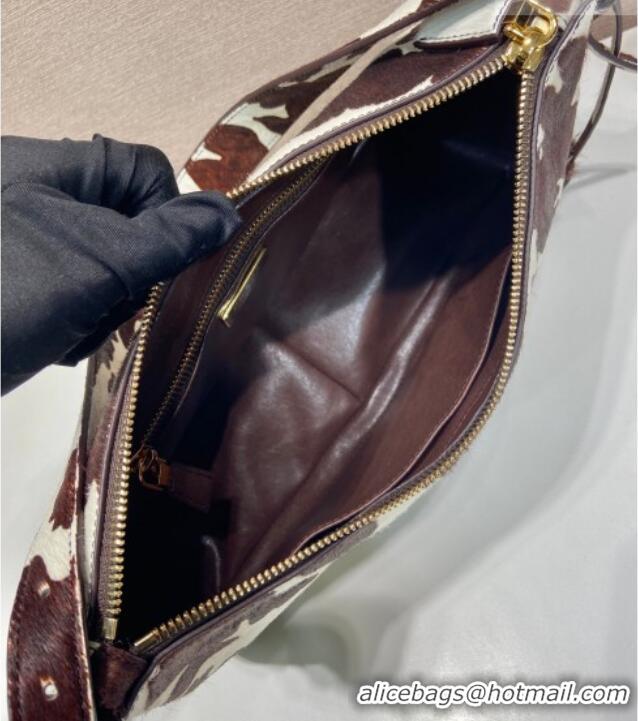 Good Taste Prada Aimee medium printed pony hair shoulder bag 1BC229 White/Dark Brown 2026