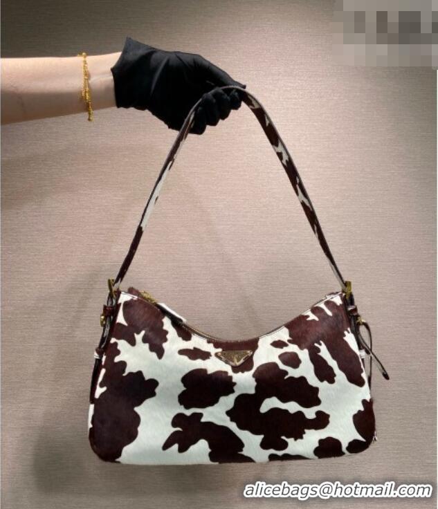 Good Taste Prada Aimee medium printed pony hair shoulder bag 1BC229 White/Dark Brown 2026