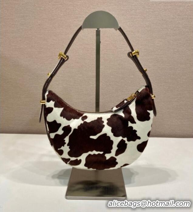 Best Price Prada Arque printed pony hair mini shoulder bag 1BC194 White/Dark Brown 2026