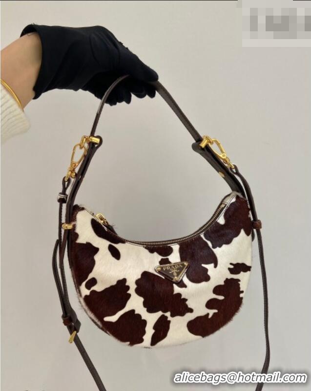 Best Price Prada Arque printed pony hair mini shoulder bag 1BC194 White/Dark Brown 2026