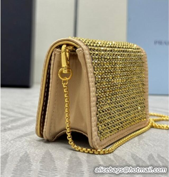High Quality Prada Card Holder with Shoulder Strap and Crystals 1MR024 Gold-Tone 2026