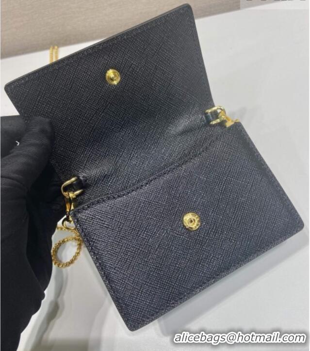 Free Shipping Grade Prada Saffiano Leather Card Holder with Shoulder Strap 1MR024 Black 2026