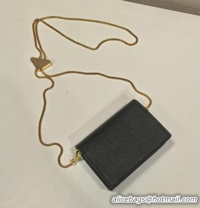 Free Shipping Grade Prada Saffiano Leather Card Holder with Shoulder Strap 1MR024 Black 2026