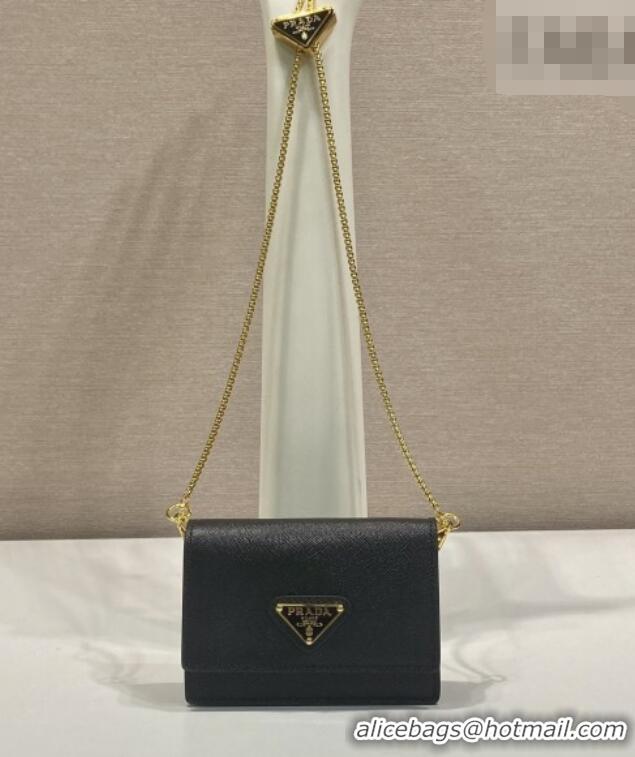 Free Shipping Grade Prada Saffiano Leather Card Holder with Shoulder Strap 1MR024 Black 2026