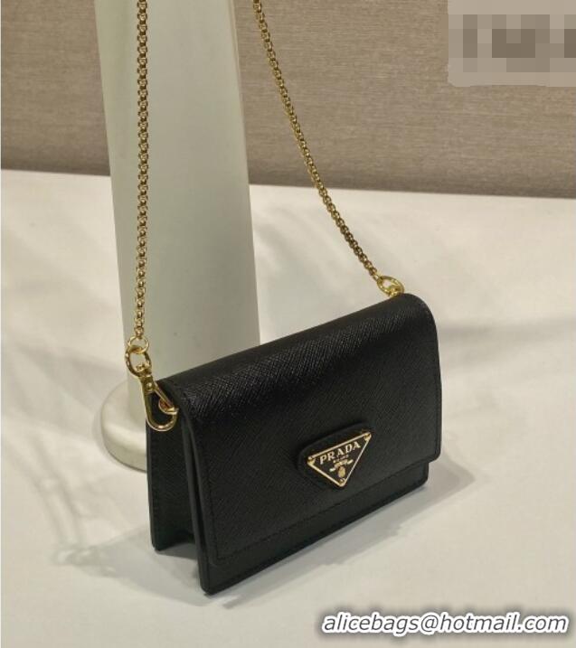 Free Shipping Grade Prada Saffiano Leather Card Holder with Shoulder Strap 1MR024 Black 2026