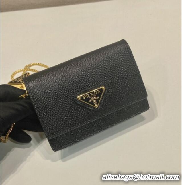 Free Shipping Grade Prada Saffiano Leather Card Holder with Shoulder Strap 1MR024 Black 2026