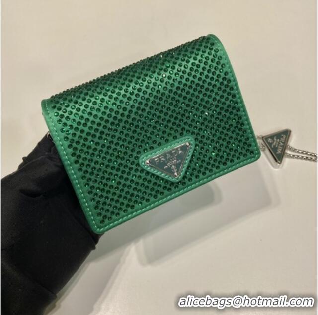 Best Grade Prada Card Holder with Shoulder Strap and Crystals 1MR024 Green 2026