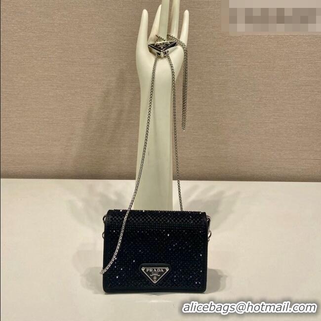 Luxury Cheap Prada Card Holder with Shoulder Strap and Crystals 1MR024 Black 2026