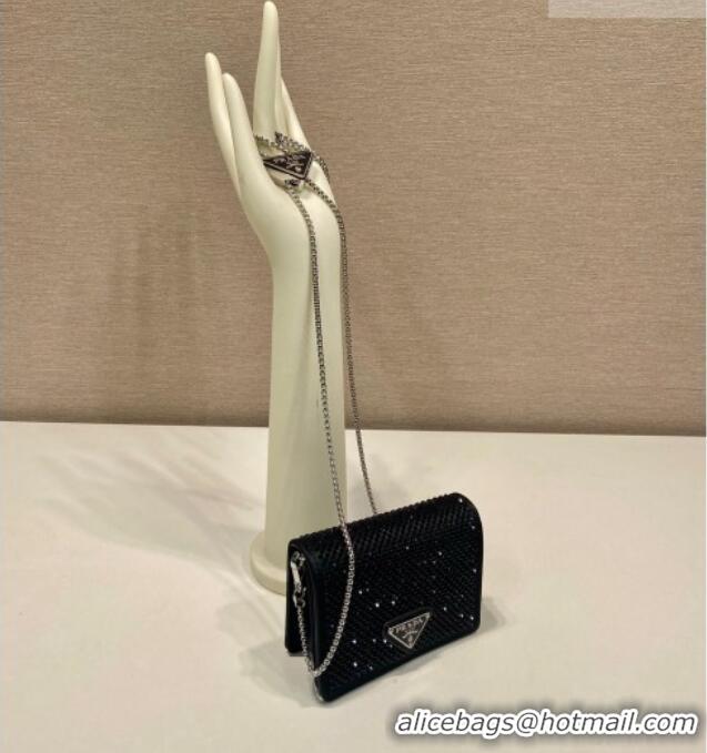 Luxury Cheap Prada Card Holder with Shoulder Strap and Crystals 1MR024 Black 2026