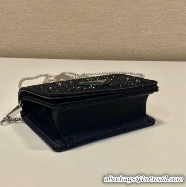 Luxury Cheap Prada Card Holder with Shoulder Strap and Crystals 1MR024 Black 2026