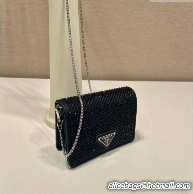 Luxury Cheap Prada Card Holder with Shoulder Strap and Crystals 1MR024 Black 2026