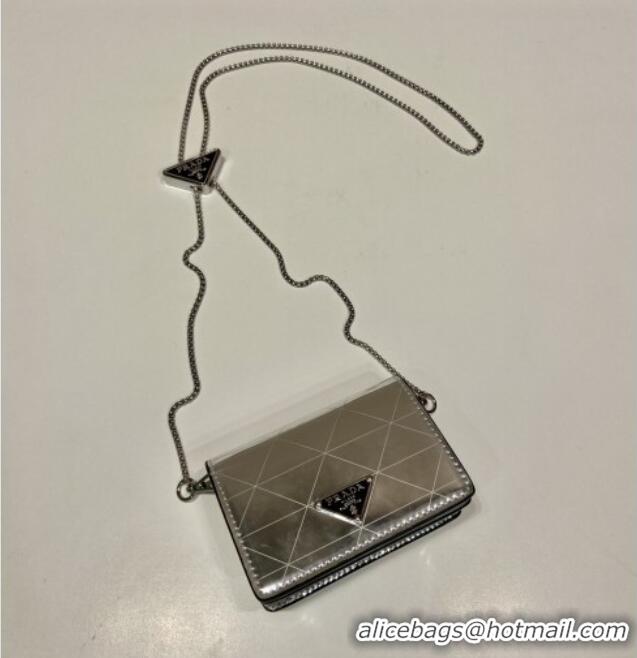 Market Sells Prada Card Holder with Shoulder Strap Silver-Tone Leather 1MR024 2026