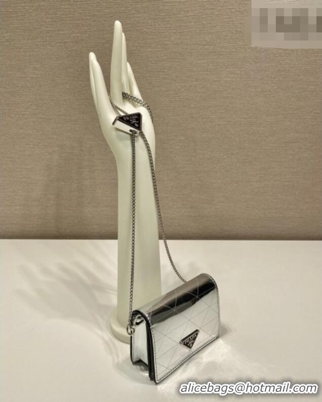 Market Sells Prada Card Holder with Shoulder Strap Silver-Tone Leather 1MR024 2026
