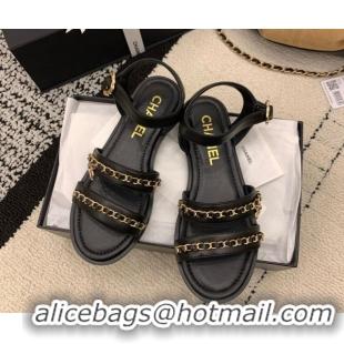 Perfect Chanel Calfskin Leather Flat Sandals with Chain Black G46801