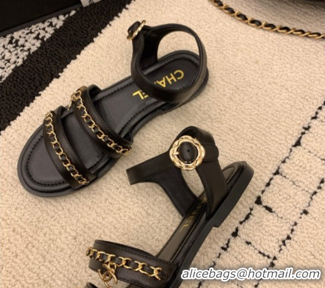 Perfect Chanel Calfskin Leather Flat Sandals with Chain Black G46801