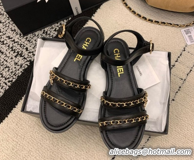 Perfect Chanel Calfskin Leather Flat Sandals with Chain Black G46801