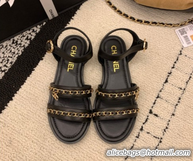 Perfect Chanel Calfskin Leather Flat Sandals with Chain Black G46801
