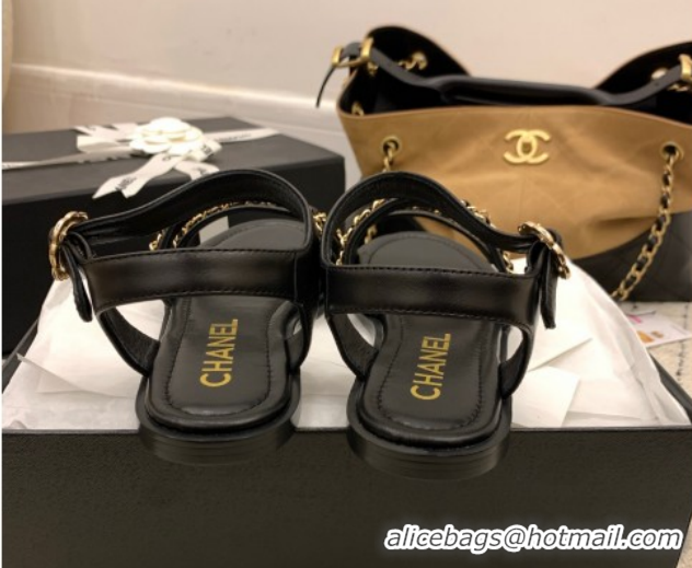 Perfect Chanel Calfskin Leather Flat Sandals with Chain Black G46801